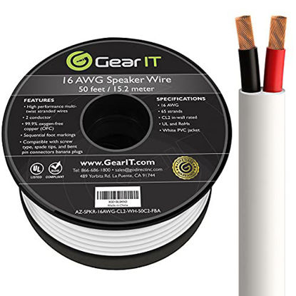 Picture of 16 AWG CL2 OFC in Wall Speaker Wire, GearIT Pro Series 16 AWG Gauge (50 Feet / 15.24 Meters/White) OFC Oxygen Free Copper UL CL2 Rated in-Wall Speaker Wire Cable for Home Theater and Car Audio