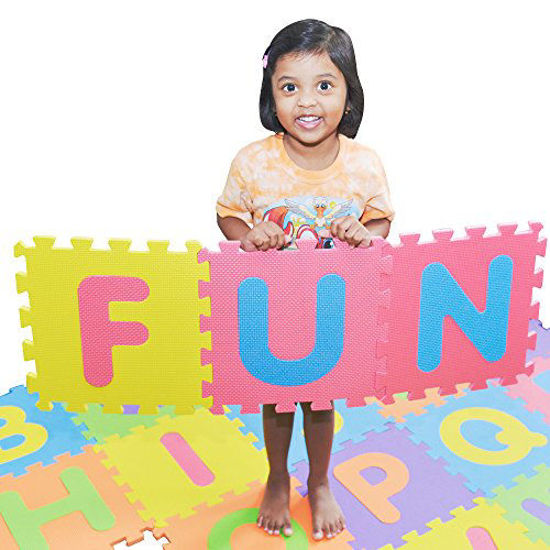 Picture of SAFEST Non Toxic Alphabet Puzzle Mat | THICKEST ABC + Numbers 0 to 9 Flooring Mat | Bonus Fun Learning eBook | Reusable Carry Bag | Kids Learn & Play with Interlocking Puzzle Pieces | Eva Foam