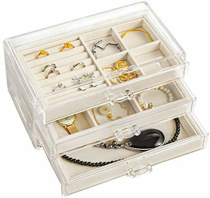 Picture of hblife Clear Jewelry Box Acrylic Velvet Jewelry Organizer for Women with 3 Drawers Ring Earring Necklace Bracelet Holder Display Case, Beige