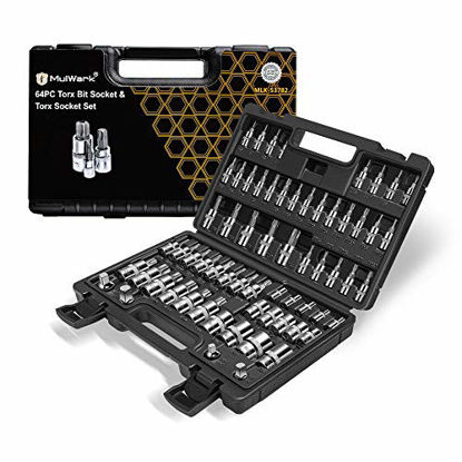 Picture of MulWark 64-Piece Master-Torx-Automotive-Mechanics-Tool | 3/8, 1/4, 1/2 in. Drive Torx Bit Socket Set and External Torx Socket Set w./ Impact Adapter and Reducer | S2 and Cr-V Steel