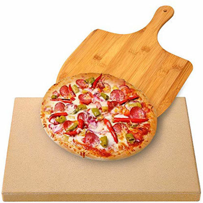 Picture of AUGOSTA Pizza Stone for Oven and Grill, Free Wooden Pizza Peel Paddle, Durable and Safe Baking Stone for Grill, Thermal Shock Resistant Cooking Stone, 15 x 12 Inch
