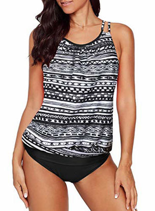 Picture of Aleumdr Womens Blouson Printed Push Up Tankini Set Padded Bathing Suit Criss Cross Back Two Piece Swimsuit Black Medium 8 10