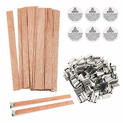 Picture of Wood Candle Wicks, BENBO 50 Pieces Smokeless 5.1 X 0.5 Inch Natural Candle Wicks with Iron Stand Candle Cores for DIY Candle Making Craft (Wooden)
