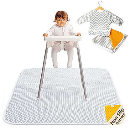 Picture of 2-in-1 Waterproof Baby Splat Mat for Under High Chair (51 x 51) with Toddler Smock and Weaning Ebook - Large Non-Slip Infant High Chair Mat Food Catcher Protects Floor from Mealtime Messes