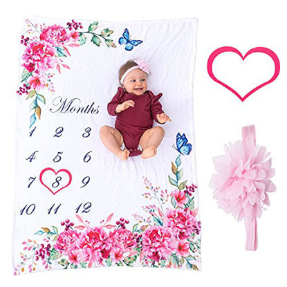 Picture of Bliss n' Baby Milestone Blanket for Baby Girl - Perfect Baby Age Blanket with Growth Chart Blanket - New Moms Set, Wrinkle Free, Washable, Dryable, Red Heart Wreath & Pink Headband- 54"x40"