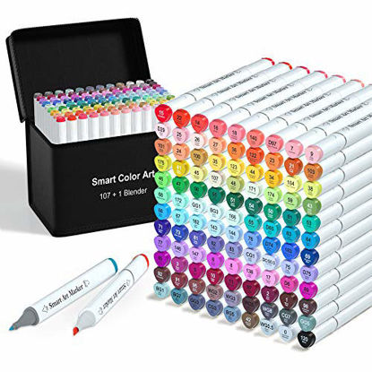 Picture of 108 Pack Art Markers, 107 Coloring Markers and 1 Blender, Alcohol Based Dual Tip Permanent Markers Highlighters with Case, Excellent for Adults Kids Marking Drawing Sketching by Smart Color Art