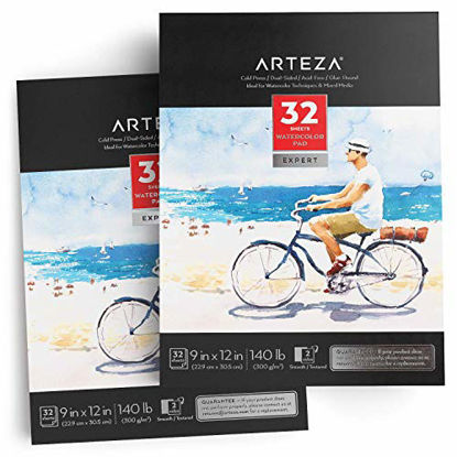 Picture of Arteza Watercolor Paper Pad Expert, Watercolor Sketchbook 9x12 inch, Pack of 2, 32 Sheets Each, Glue Bound, 140lb/300gsm Cold Pressed Acid Free Paper for Watercolors and Mixed Media