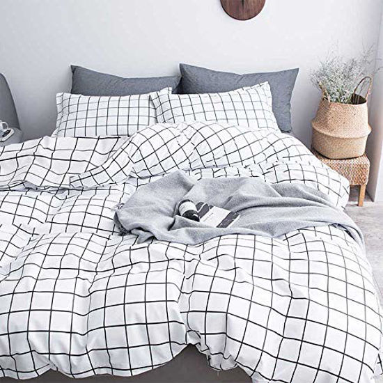 Picture of Nanko Queen Duvet Cover Set Grid, 90x90 Soft Bedding Cover, Luxury Cool Lightweight Microfiber 3pc Set (1 Cover 2 Pillowcase) with Zip, Tie - Modern Style Bed Quilt Cover for Decor, Plaid White