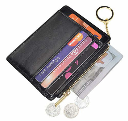 Picture of Womens Slim RFID Credit Card Holder Mini Front Pocket Wallet Coin Purse Keychain (Oil Black)