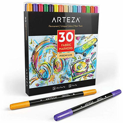 Picture of Arteza Fabric Paint Markers, Set of 30, Permanent Dual-Tip Textile Marker, Assorted Colors, Art Supplies for Coloring T-Shirts, Jeans, Jackets, and Backpacks