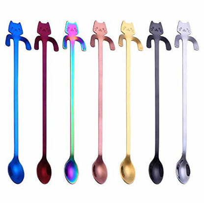 Picture of Long Handle Ice Tea Spoons, COMIART Stainless Steel Hanging Mixing Stirring Spoons, 7.8 Inch Coffee Teaspoons, Scoops for Mug, Designed with Cute Cat, Pack of 7