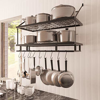 Picture of KES 30-Inch Kitchen Pot Rack - Mounted Hanging Rack for Kitchen Storage and Organization- Matte Black 2-Tier Wall Shelf for Pots and Pans with 12 Hooks - KUR215S75B-BK