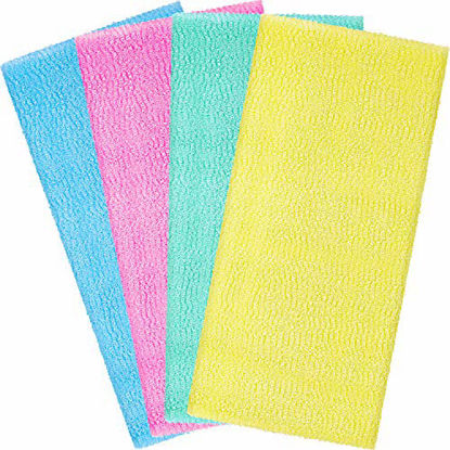 Picture of Boao 4 Pieces Beauty Skin Bath Wash Towel Exfoliating Bath Cloth Magic Shower Washcloth for Body 35 Inches (Blue, Pink, Yellow, Green)