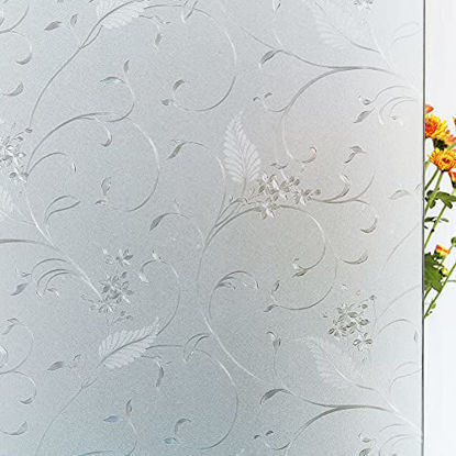 Picture of Mikomer Privacy Window Film Etched Flowers Static Cling Glass Door Film, Non Adhesive Heat Control Anti UV Window Cling for Office and Home Decoration,17.5 inches by 78.7 inches