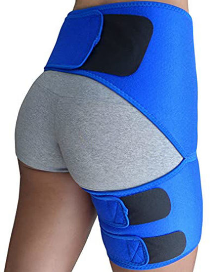 GetUSCart- Hip Brace - Hamstring Thigh Compression Support - Sciatica Pain  Relief Brace - Wrap for Hip Flexor Strain, Groin Pull, SI Joint, Arthritis,  Bursitis, Sciatic Nerve for Men, Women (Blue)