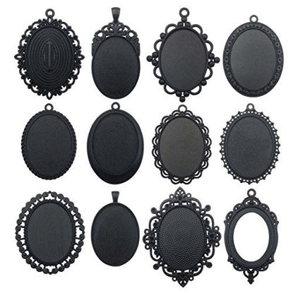 Picture of Youdiyla 10pcs 30x40mm Black Pendant Trays, Blank Glass Cabochons Dome Base Setting Bezel Frame Cameo Metal Alloy Charms for Jewelry Making DIY Findings (HM117)
