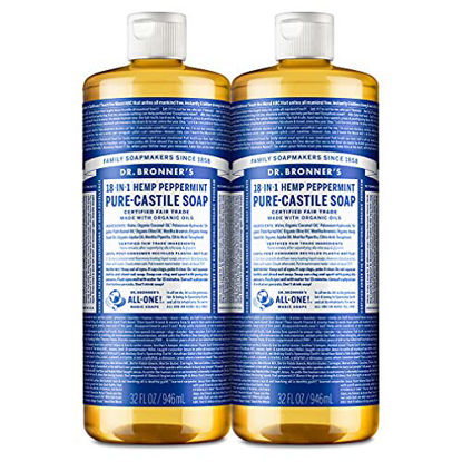 Picture of Dr. Bronners - Pure-Castile Liquid Soap (Peppermint, 32 ounce, 2-Pack) - Made with Organic Oils, 18-in-1 Uses: Face, Body, Hair, Laundry, Pets and Dishes, Concentrated, Vegan, Non-GMO