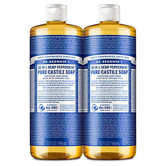 Picture of Dr. Bronners - Pure-Castile Liquid Soap (Peppermint, 32 ounce, 2-Pack) - Made with Organic Oils, 18-in-1 Uses: Face, Body, Hair, Laundry, Pets and Dishes, Concentrated, Vegan, Non-GMO