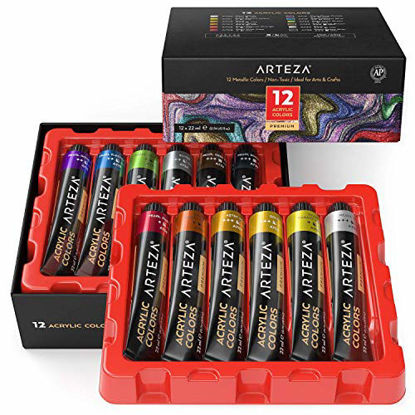 Picture of Arteza Metallic Acrylic Paint, Set of 12 Colors/Tubes (0.74 oz., 22 ml) with Storage Box, Rich Pigments, Non Fading, Non Toxic Paints for Artist & Hobby Painters, Ideal for Canvas Painting