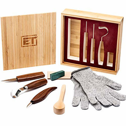 Picture of Elemental Tools 9pc Wood Carving Tools Set - Hook Carving Knife, Whittling Knife, Detail Wood Carving Knife For Spoon, Bowl, Kuksa Cup Or General Woodwork - Bonus Cut Resistant Gloves And Bamboo Box