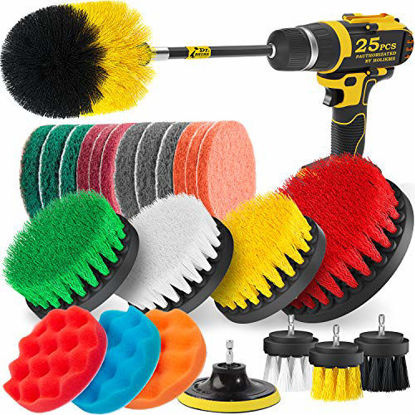Picture of Holikme 25Piece Drill Brush Attachments Set,Scrub Pads & Sponge, Power Scrubber Brush with Extend Long Attachment All Purpose Clean for Grout, Tiles, Sinks, Bathtub, Bathroom, Kitchen