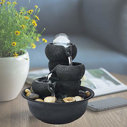 Picture of chillscreamni Small Relaxation Waterfall Feature - 3-Step Little Water Fountain with LED Ball on The Top for Office, Room Decoration, Portable Feng Shui Fountain Indoor and Outdoor