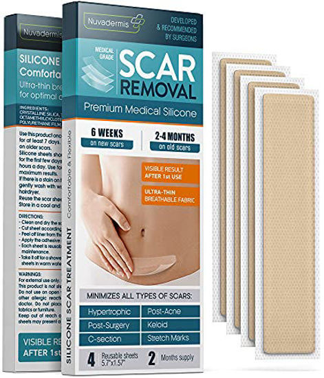 Picture of Silicone Scar Removal Sheets - Keloid, C Section, Post Surgery & Acne Scars Treatment - 2 Month Supply - Silicon Soft Long Strips & Sheets 5.7" x 1.57" 4 pc. - Healing Alternative to Gel, Tape & Cream