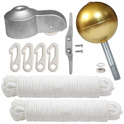 3 Gold Ball PISSION Flagpole Hardware Repair Kits 2pcs 46ft Flag Halyard Rope 4pcs Flag Clip Hooks/Hex Nuts/Flat Washers/Flagpole Truck for 2 Top 4 Cleat Hook 