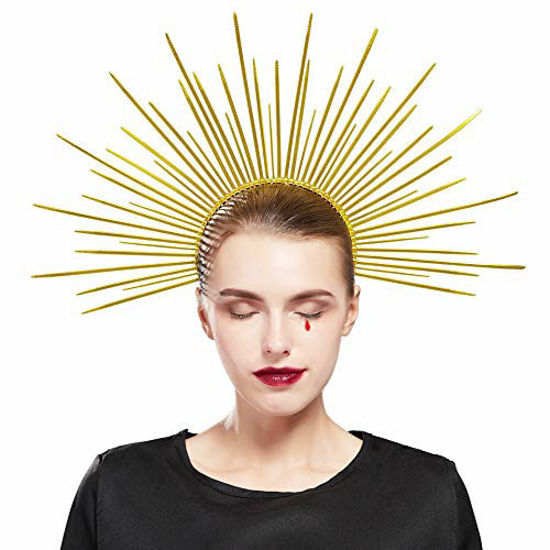 Picture of Fantherin Womens Mary Halo Crown Headband Zip Tie Spiked Halo Crown Goddess Headpiece Headdress for Cosplay Halloween Costume Party (Gold)