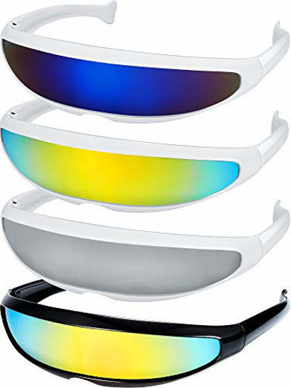 Picture of 4 Pairs Futuristic Narrow Cyclops Sunglasses Robot Space Costume Sunglasses Futuristic Color Mirrored Lens Sunglasses for Adults Kids (3 White 1 Black Frame)