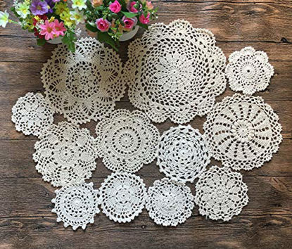 Picture of MINDPLUS Set of 12 Hand Crochet Doilies Cotton Crocheted Lace Doilies 4-10 Inches Round Beige (12pcs beige)