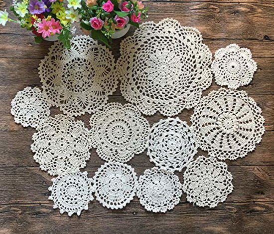 Picture of MINDPLUS Set of 12 Hand Crochet Doilies Cotton Crocheted Lace Doilies 4-10 Inches Round Beige (12pcs beige)
