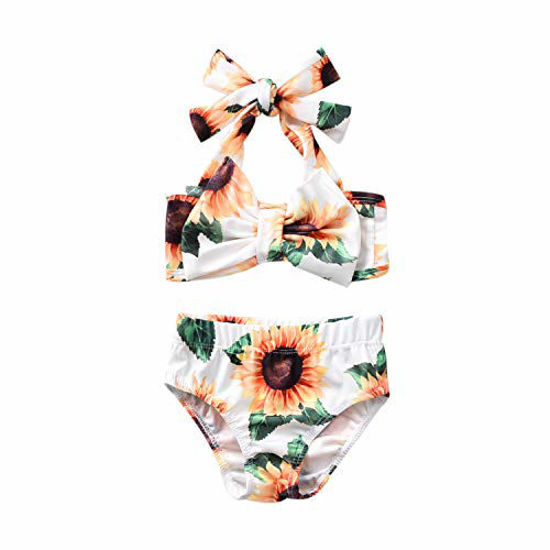 Picture of Aalizzwell Baby Girl Bathing Suit, Toddler Girls Two Piece Sunflower Swimsuit Halter Top Bikini Bottoms Swimming Suit (White, 6-12 Months)