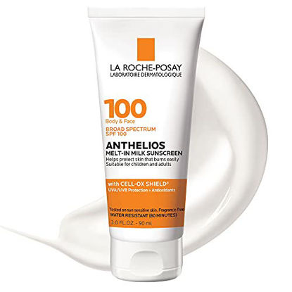 Picture of La Roche-Posay Anthelios Melt-in Milk Body & Face Sunscreen Lotion Broad Spectrum SPF 100, Oxybenzone & Octinoxate Free, Sunscreen for Kids, Adults & Sun Sensitive Skin, Unscented, 3 Fl oz