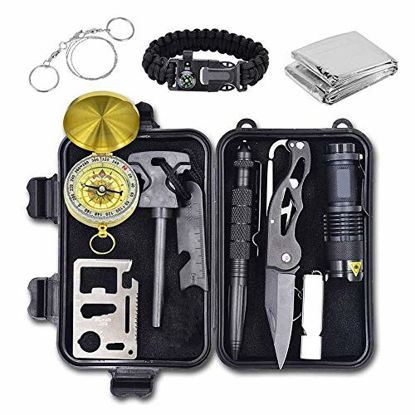 Picture of Emergency Survival Kit, 12 in 1 Outdoor Survival Gear Lifesaving Tools Contains Compass, Fire Starter, Flashlights for Camping Hiking Wilderness Adventures and Disaster Preparedness