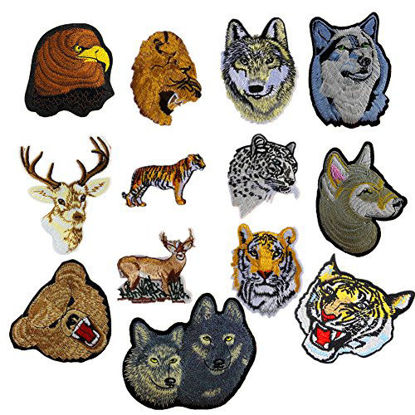 Picture of 13pcs Assorted Lion Tiger Leopard Wolf Deer Eagle Embroidered Safri Animal Patches Sew Iron on Applique Badge