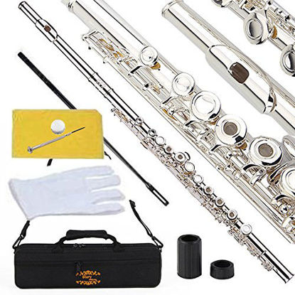 Picture of Glory Silver Plated Intermediate Open/Closed Hole C Flute with Case,Tuning Rod,Polish Cloth,Joint Grease,a pair of Gloves and screw driver