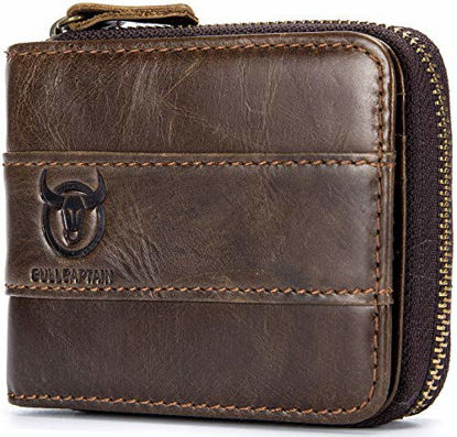 Picture of RFID Blocking Mens Wallet,Genuine Leather Zip Around Vintage Multi Card Holder Zipper Wallet for Men Bifold Purse With ID Window(Brown)