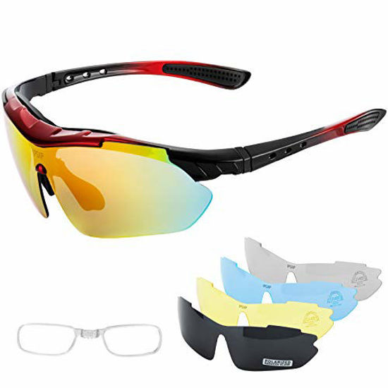 GetUSCart- IPSXP Polarized Sports Sunglasses with 5 Interchangeable Lenses, Mens Womens Cycling Glasses,Baseball Running Climbing Fishing Driving  Golf?Red&Black?