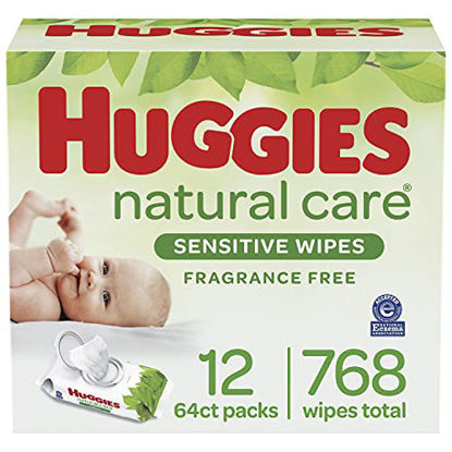 Picture of Baby Wipes, Huggies Natural Care Sensitive Baby Diaper Wipes, Unscented, Hypoallergenic, 12 Flip-Top Packs (768 Wipes Total)
