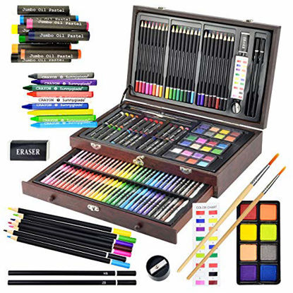 Picture of Sunnyglade 145 Piece Deluxe Art Set, Wooden Art Box & Drawing Kit with Crayons, Oil Pastels, Colored Pencils, Watercolor Cakes, Sketch Pencils, Paint Brush, Sharpener, Eraser, Color Chart (Cherry)