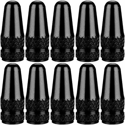 Picture of SAMIKIVA (10 Pack Bike Presta Valve Stem Caps, Chrome Anodized Aluminum, Use On Presta French Valves, Dust caps for MTB Road Racing Bicycle, Rocket Style (Black (10 Pack))