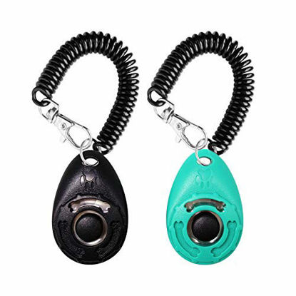 Picture of OYEFLY Dog Training Clicker with Wrist Strap Durable Lightweight Easy to Use, Pet Training Clicker for Cats Puppy Birds Horses. Perfect for Behavioral Training 2-Pack (Black and Water Lake Blue)