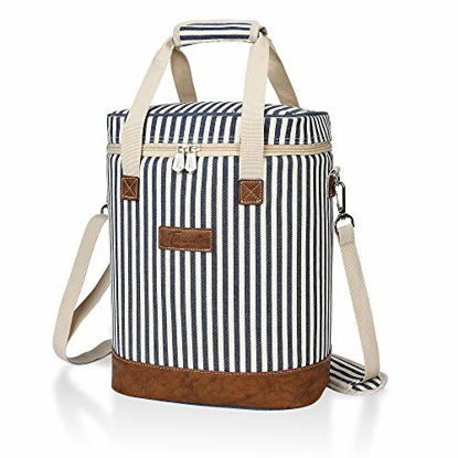 Picture of Tirrinia 6 Bottle Wine Cooler Bag - Insulated Padded Portable Versatile Wine Carrier Tote Bag for Travel, BYOB Restaurant, Wine Tasting, Party, Pecfect Gift for Wine Lover, Blue Stripe