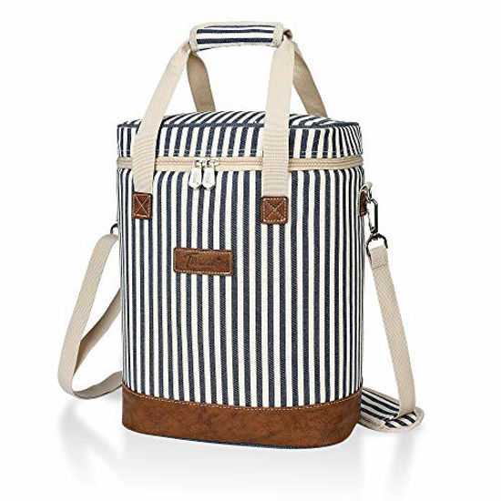 Picture of Tirrinia 6 Bottle Wine Cooler Bag - Insulated Padded Portable Versatile Wine Carrier Tote Bag for Travel, BYOB Restaurant, Wine Tasting, Party, Pecfect Gift for Wine Lover, Blue Stripe