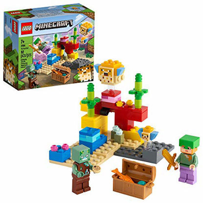 Picture of LEGO Minecraft The Coral Reef 21164 Hands-on Minecraft Marine Toy Featuring Alex, a Drowned and 2 Cool Puffer Fish, New 2021 (92 Pieces)