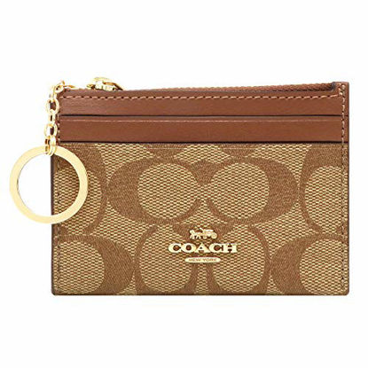 Picture of COACH Mini Skinny ID Case Card Coin Key Canvas Classic Wallet Saddle