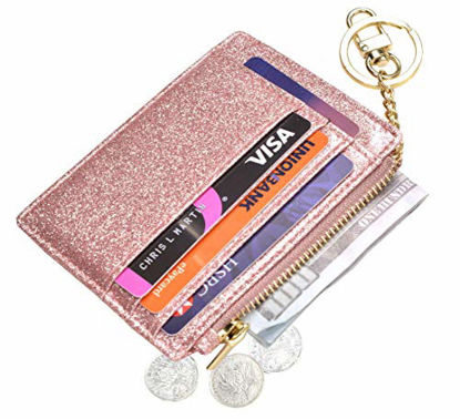 Picture of Womens Slim RFID Credit Card Holder Mini Front Pocket Wallet Coin Purse Keychain (starRosegold)