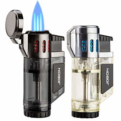 Picture of Torch Lighters 2 Pack Triple Jet Flame Butane Lighter 3 Flame Torch Lighter Fluid Refillable Jet Lighter-Butane Not Included (Black & Silver)
