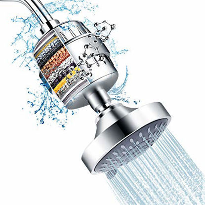 Picture of Shower Head and 15 Stage Shower Filter Combo, FEELSO High Pressure 5 Spray Settings Filtered Showerhead with Water Softener Filter Cartridge for Hard Water Remove Chlorine and Harmful Substances